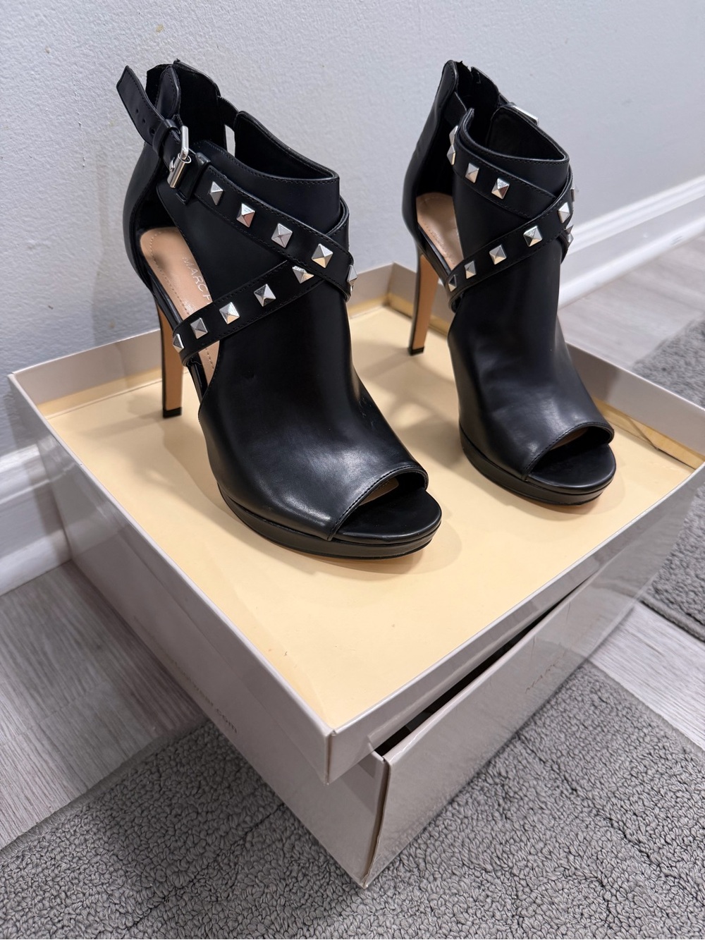 Marc Fisher Black Studded Cross-Strap Peep-Toe Stilettos
